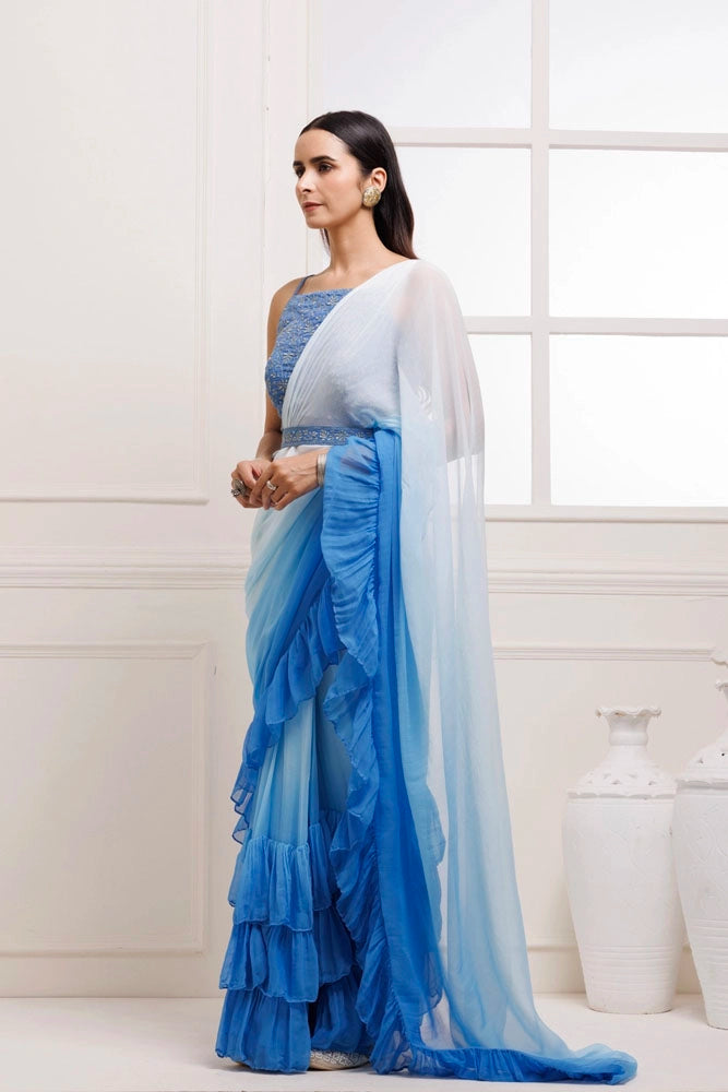 Blue Ombre Ruffled Chiffon Saree – Ready-to-Wear with Stitched Blouse