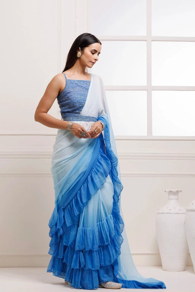 Blue Ombre Ruffled Chiffon Saree – Ready-to-Wear with Stitched Blouse