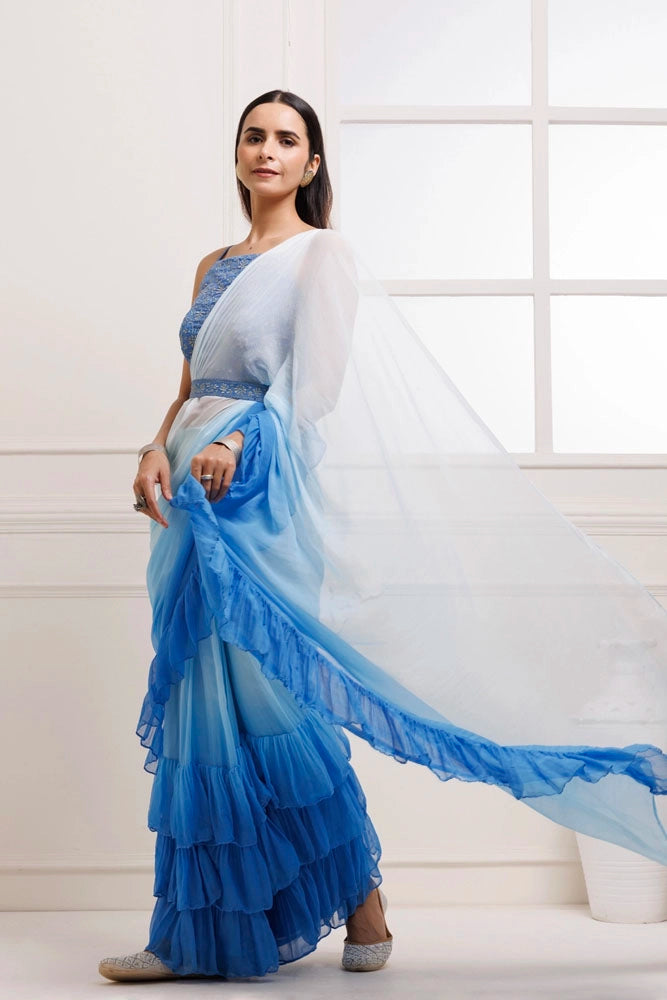 Blue Ombre Ruffled Chiffon Saree – Ready-to-Wear with Stitched Blouse