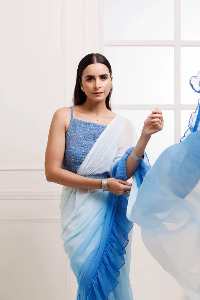 Blue Ombre Ruffled Chiffon Saree – Ready-to-Wear with Stitched Blouse