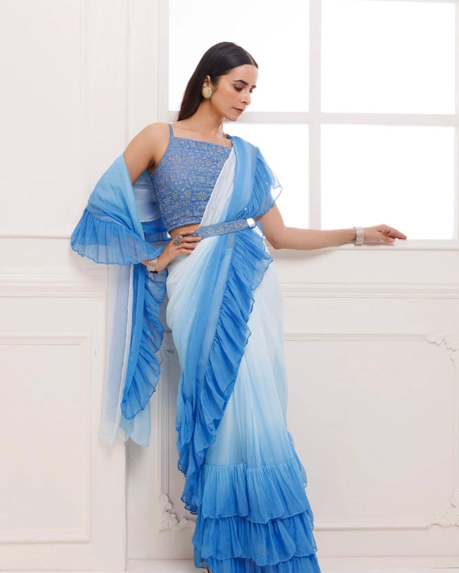 Blue Ombre Ruffled Chiffon Saree – Ready-to-Wear with Stitched Blouse