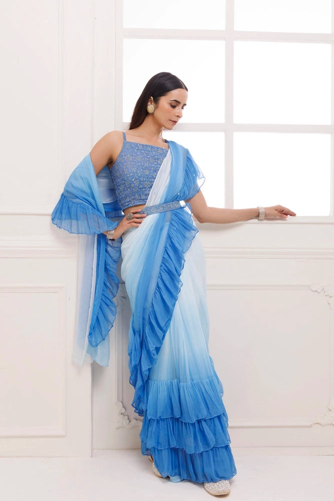 Blue Ombre Ruffled Chiffon Saree – Ready-to-Wear with Stitched Blouse