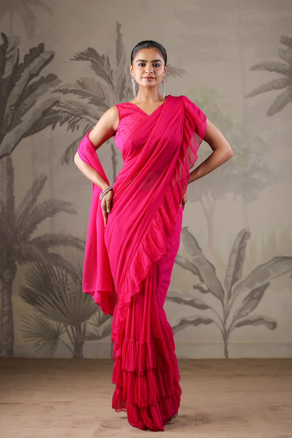 Pink Chiffon Ruffle Saree