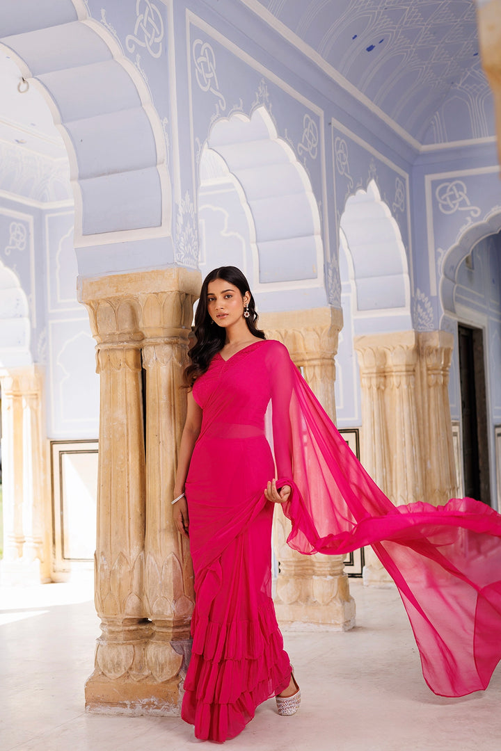 Pink Chiffon Ruffle Saree