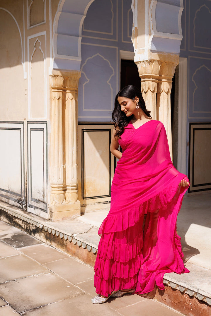 Pink Chiffon Ruffle Saree