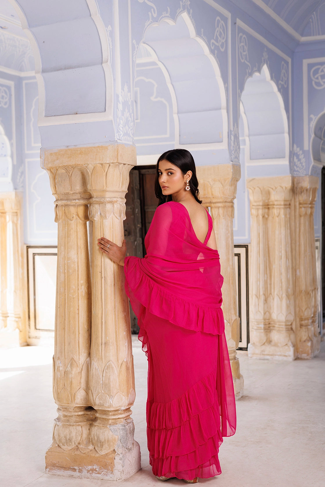 Pink Chiffon Ruffle Saree