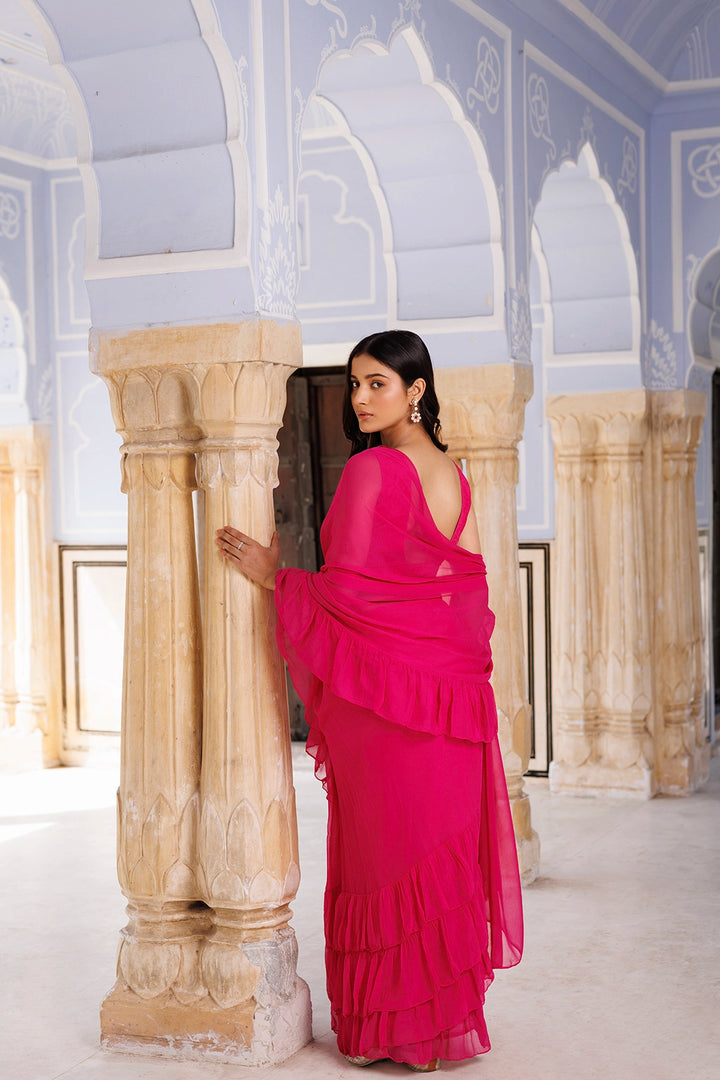 Pink Chiffon Ruffle Saree