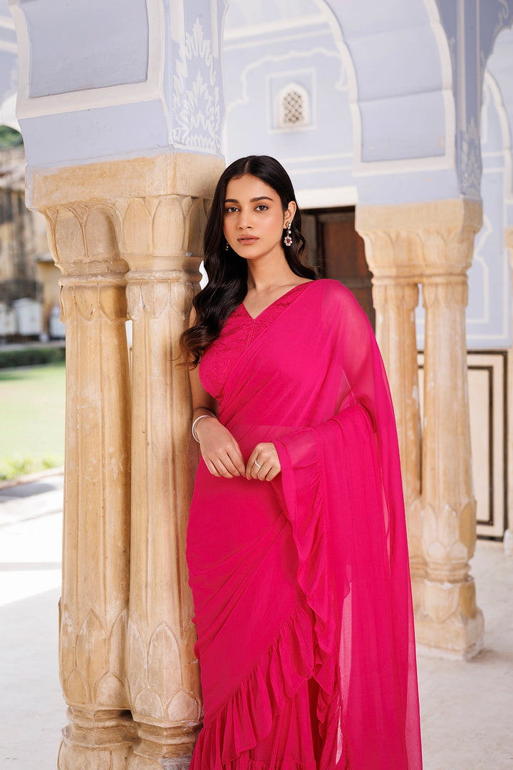 Pink Chiffon Ruffle Saree