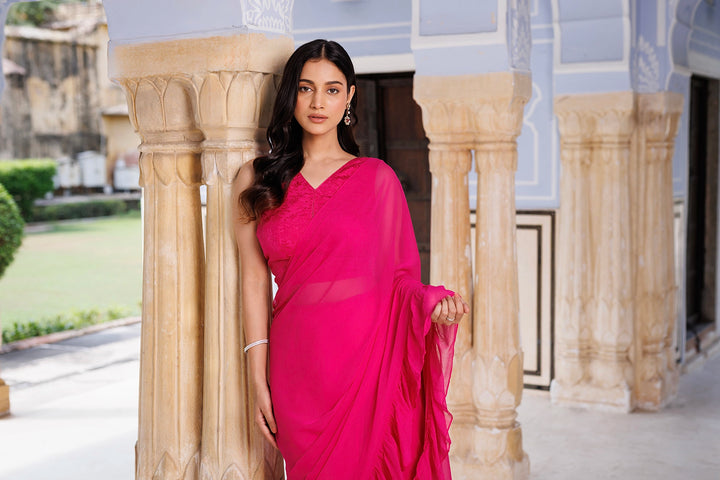 Pink Chiffon Ruffle Saree