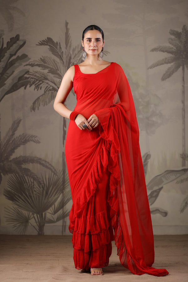 Red Chiffon Ruffle Saree