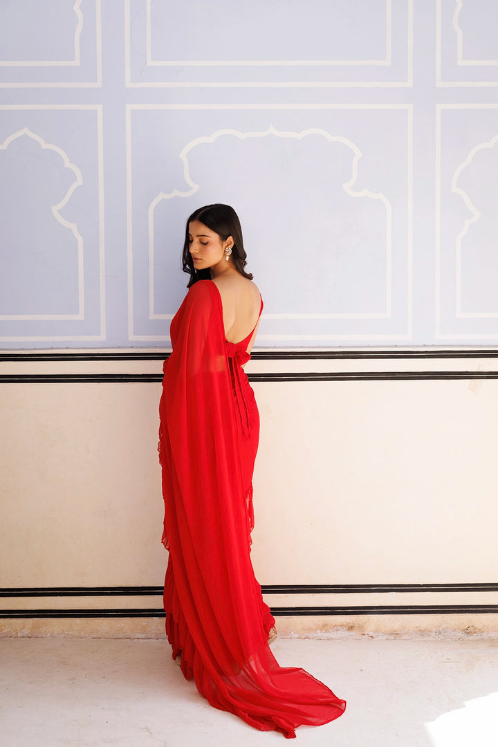 Red Chiffon Ruffle Saree