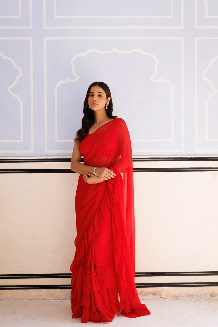 Red Ruffle Saree Red Chiffon | Ruffle Saree – Geroo Jaipur