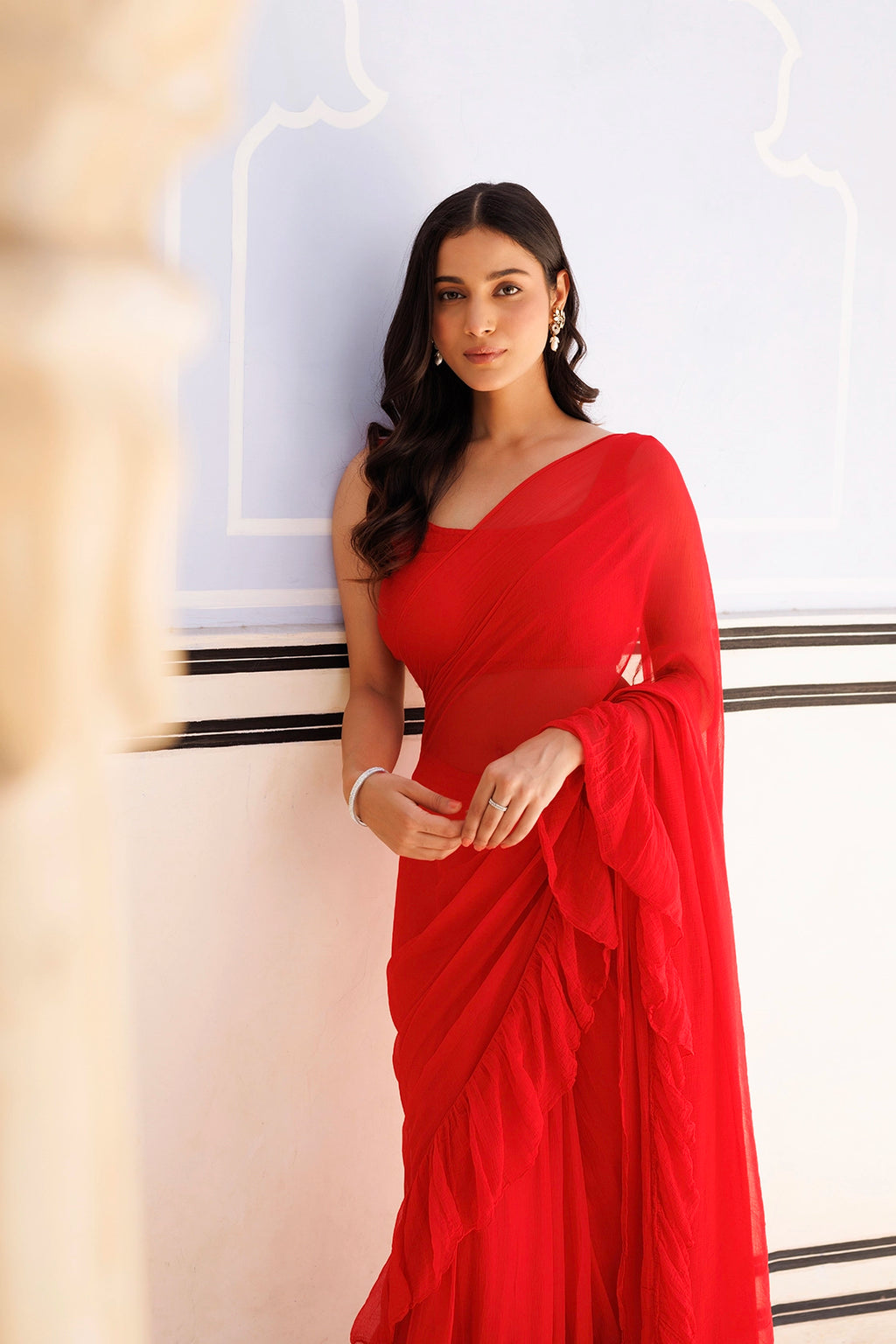 Red Chiffon Ruffle Saree