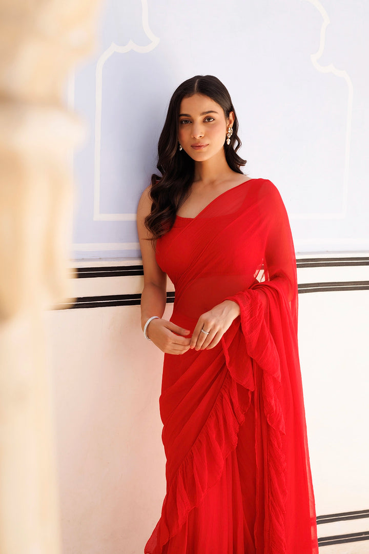 Red Chiffon Ruffle Saree