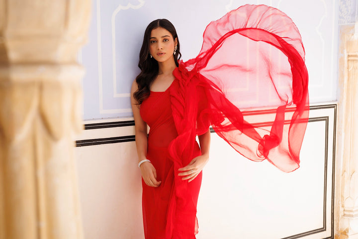 Red Chiffon Ruffle Saree
