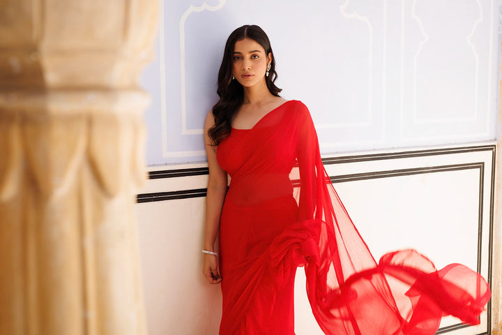 Red Chiffon Ruffle Saree