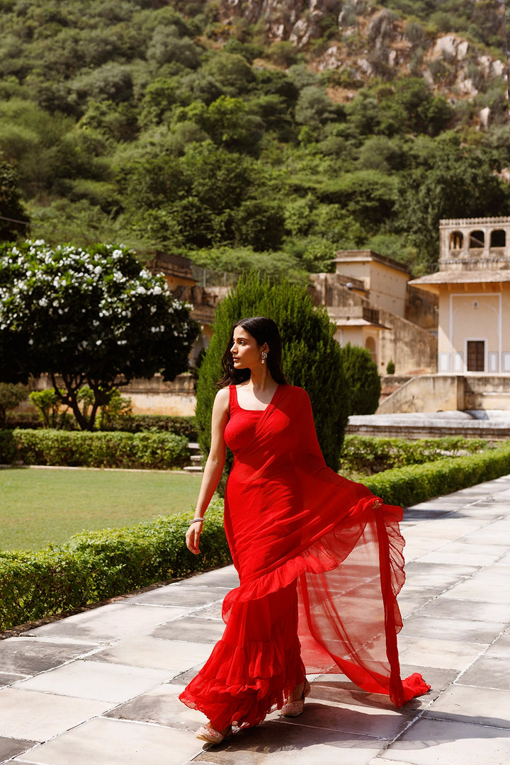 Red Ruffle Saree Red Chiffon | Ruffle Saree – Geroo Jaipur