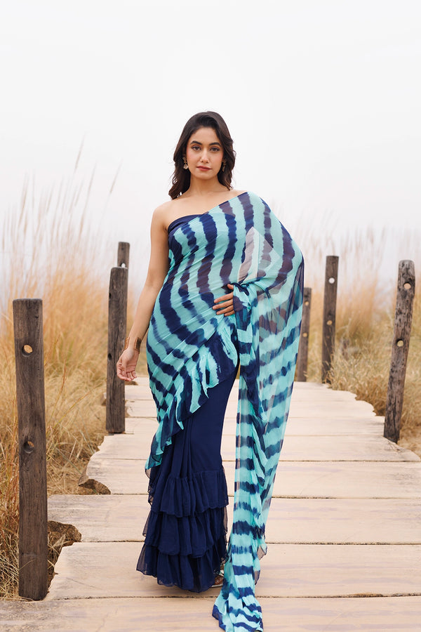 Blue Ready-to-Wear Leheriya Chiffon Saree with Ruffles