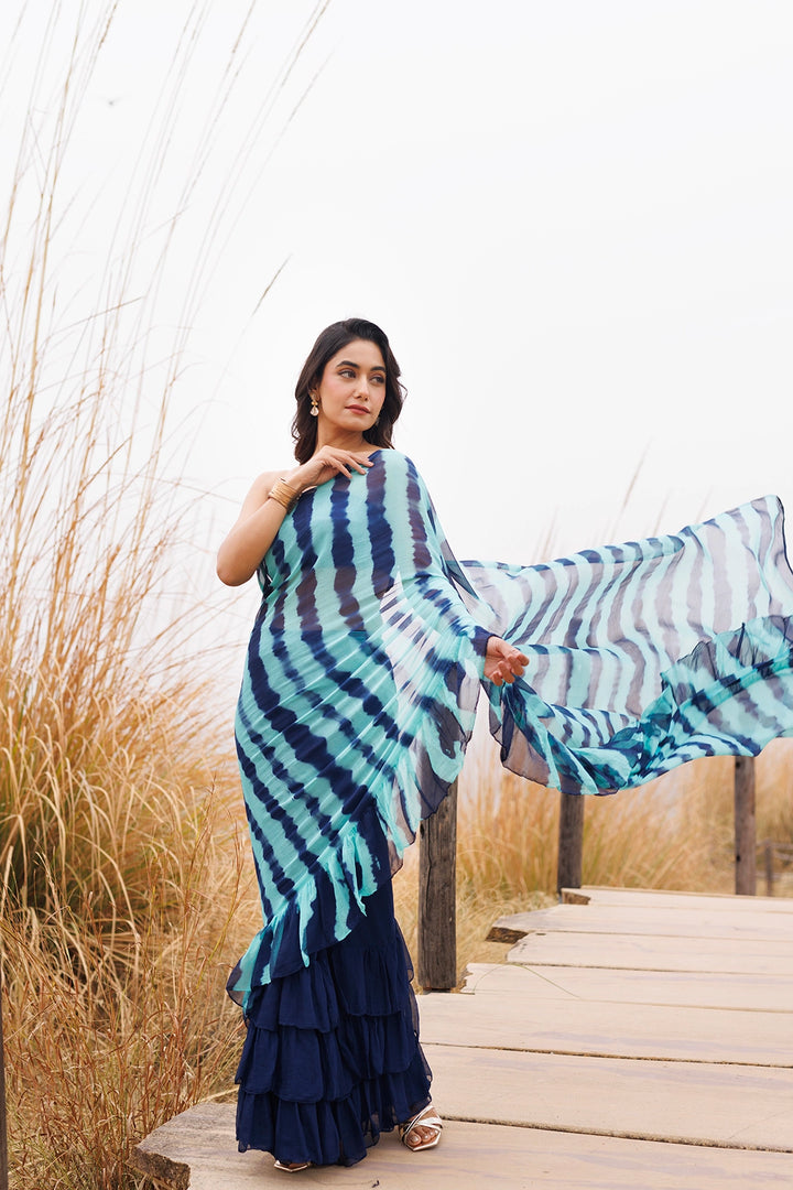 Blue Ready-to-Wear Leheriya Chiffon Saree with Ruffles