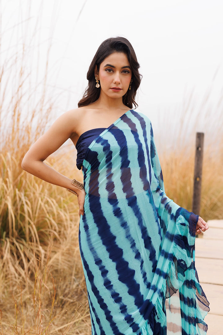 Blue Ready-to-Wear Leheriya Chiffon Saree with Ruffles