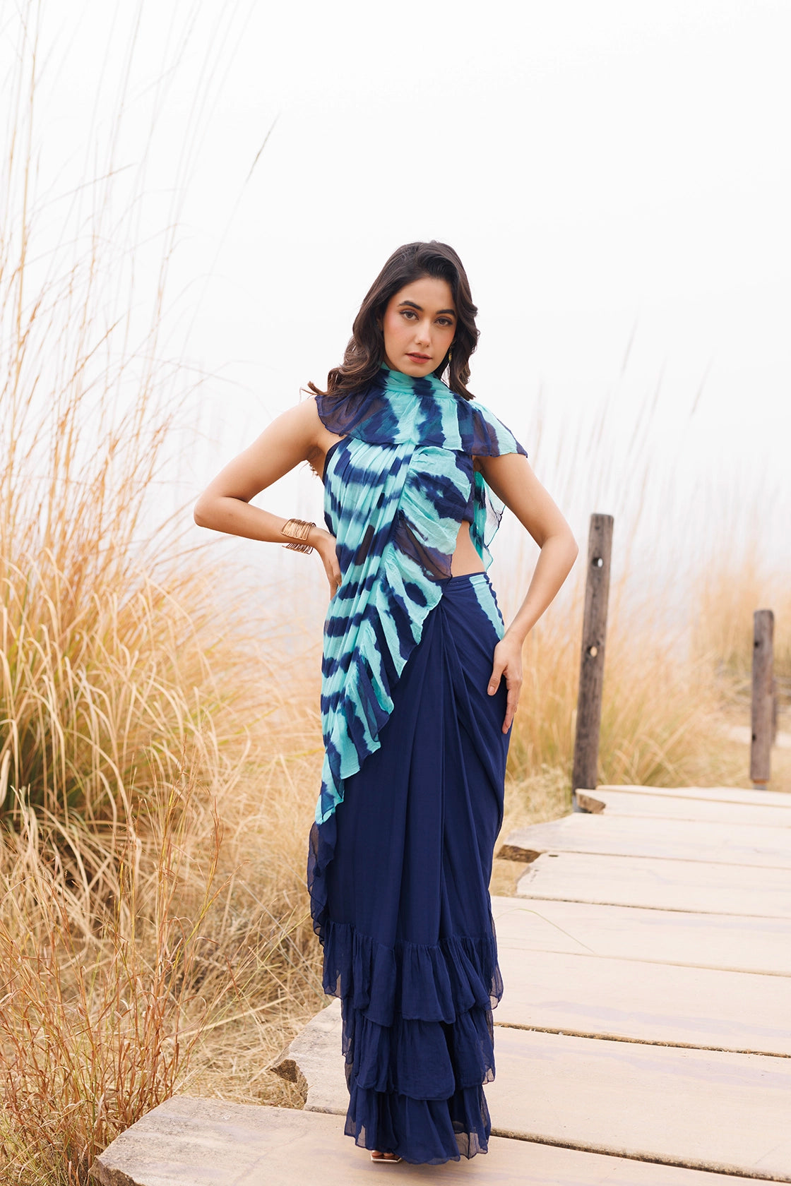 Blue Ready-to-Wear Leheriya Chiffon Saree with Ruffles