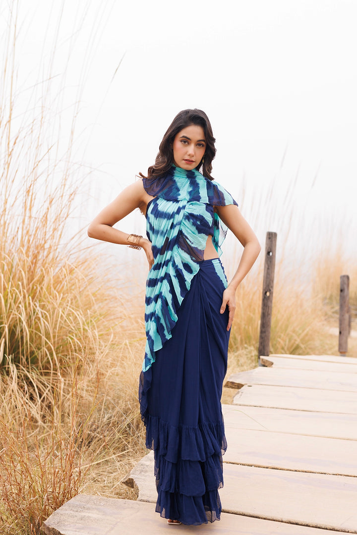 Blue Ready-to-Wear Leheriya Chiffon Saree with Ruffles