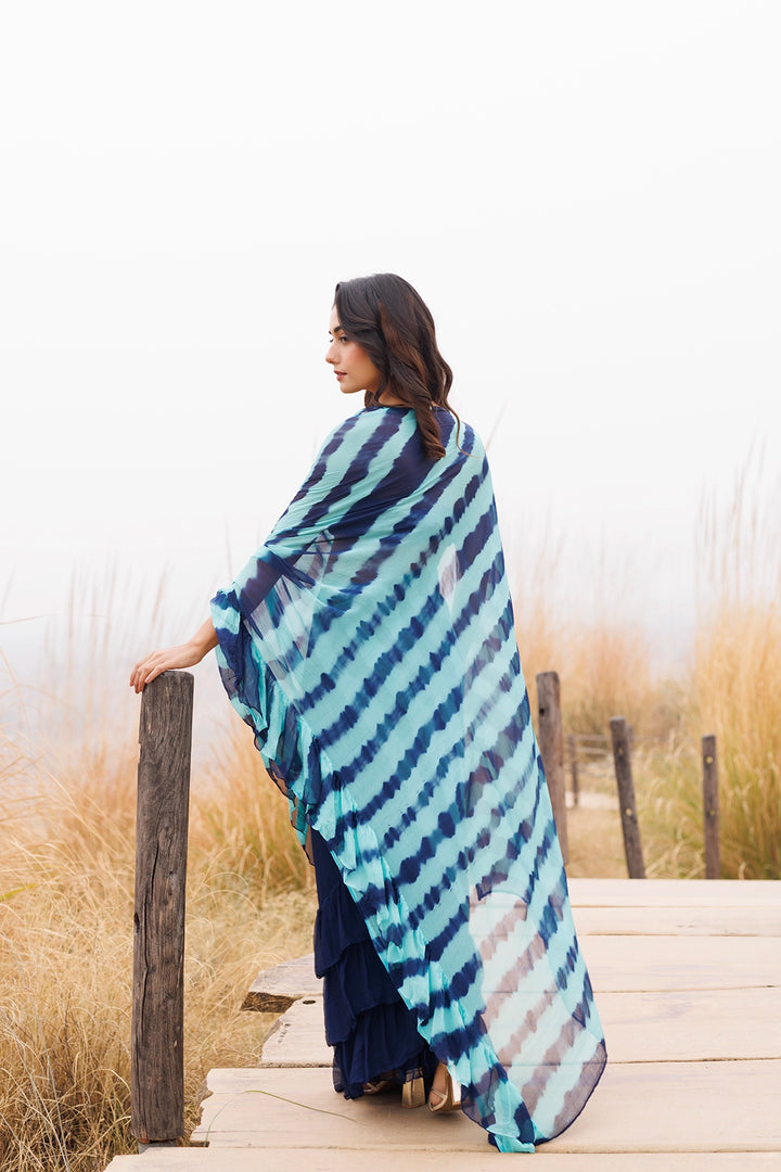Blue Ready-to-Wear Leheriya Chiffon Saree with Ruffles