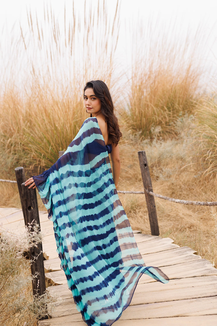 Blue Ready-to-Wear Leheriya Chiffon Saree with Ruffles