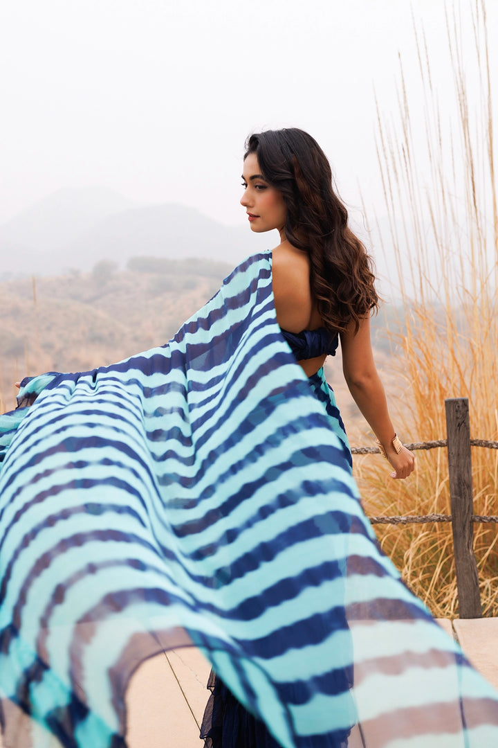 Blue Ready-to-Wear Leheriya Chiffon Saree with Ruffles