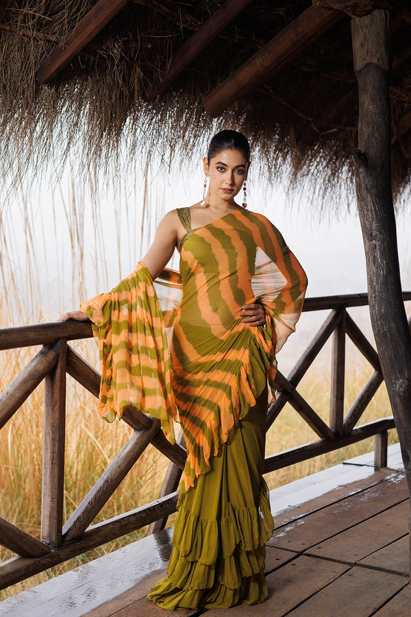 Green & Orange Ready-to-Wear Leheriya Chiffon Saree with Ruffles