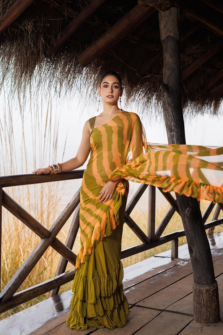 Green & Orange Ready-to-Wear Leheriya Chiffon Saree with Ruffles