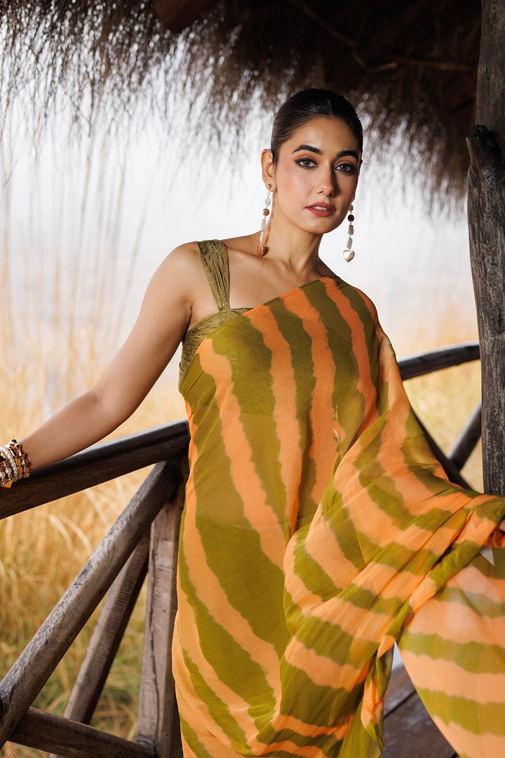 Green & Orange Ready-to-Wear Leheriya Chiffon Saree with Ruffles