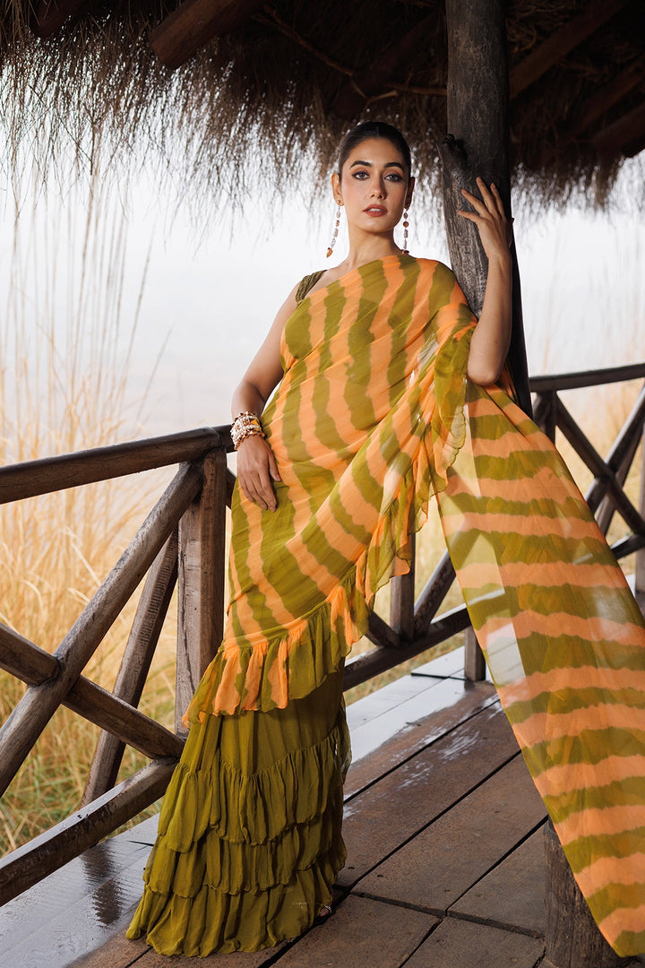 Green & Orange Ready-to-Wear Leheriya Chiffon Saree with Ruffles