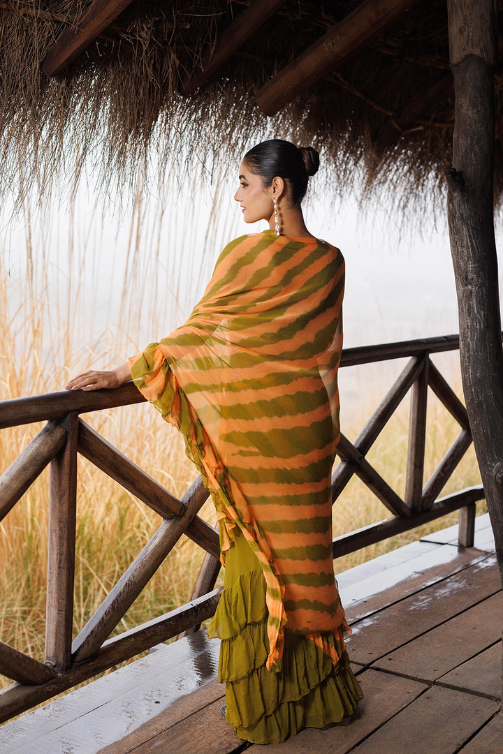Green & Orange Ready-to-Wear Leheriya Chiffon Saree with Ruffles