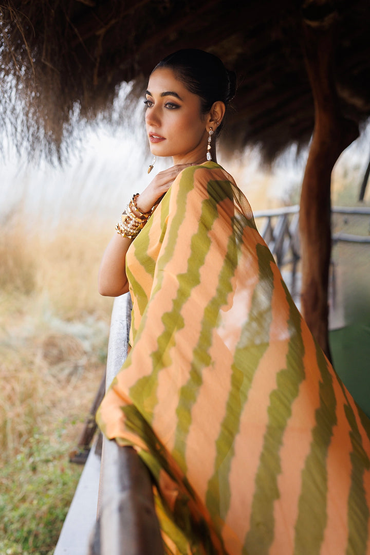 Green & Orange Ready-to-Wear Leheriya Chiffon Saree with Ruffles