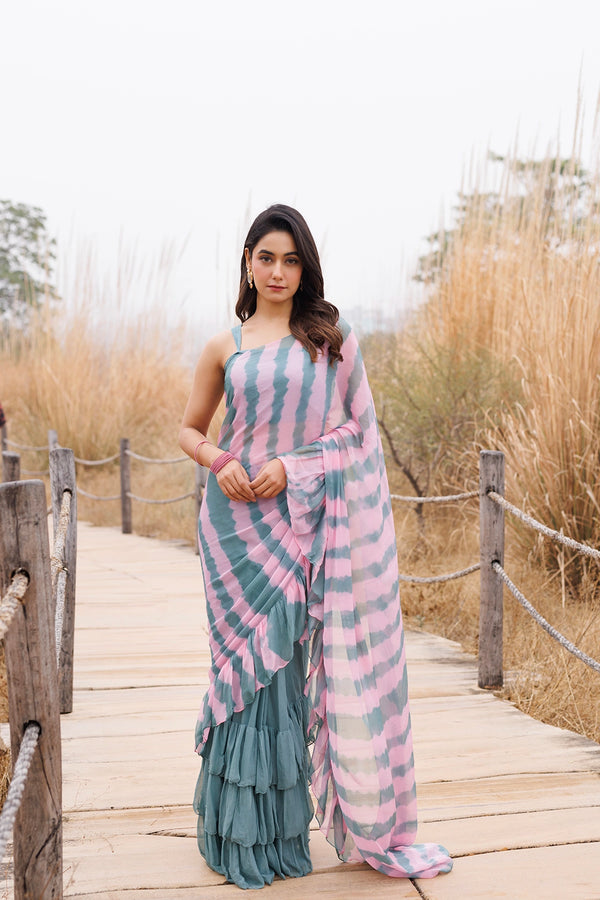 Green & Pink Ready-to-Wear Leheriya Chiffon Saree with Ruffles