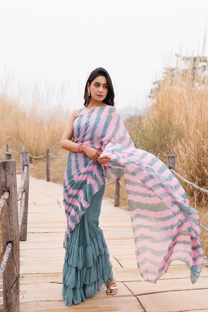 Green & Pink Ready-to-Wear Leheriya Chiffon Saree with Ruffles