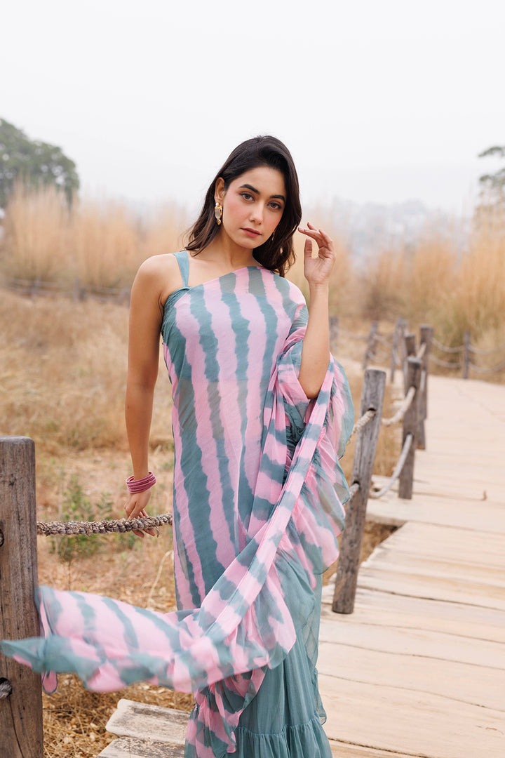 Green & Pink Ready-to-Wear Leheriya Chiffon Saree with Ruffles