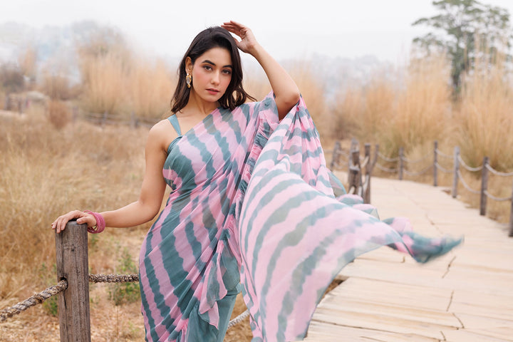 Green & Pink Ready-to-Wear Leheriya Chiffon Saree with Ruffles