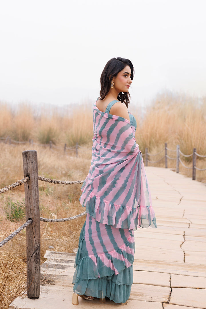 Green & Pink Ready-to-Wear Leheriya Chiffon Saree with Ruffles