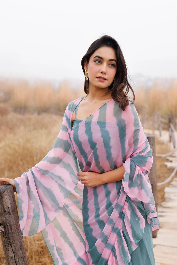 Green & Pink Ready-to-Wear Leheriya Chiffon Saree with Ruffles
