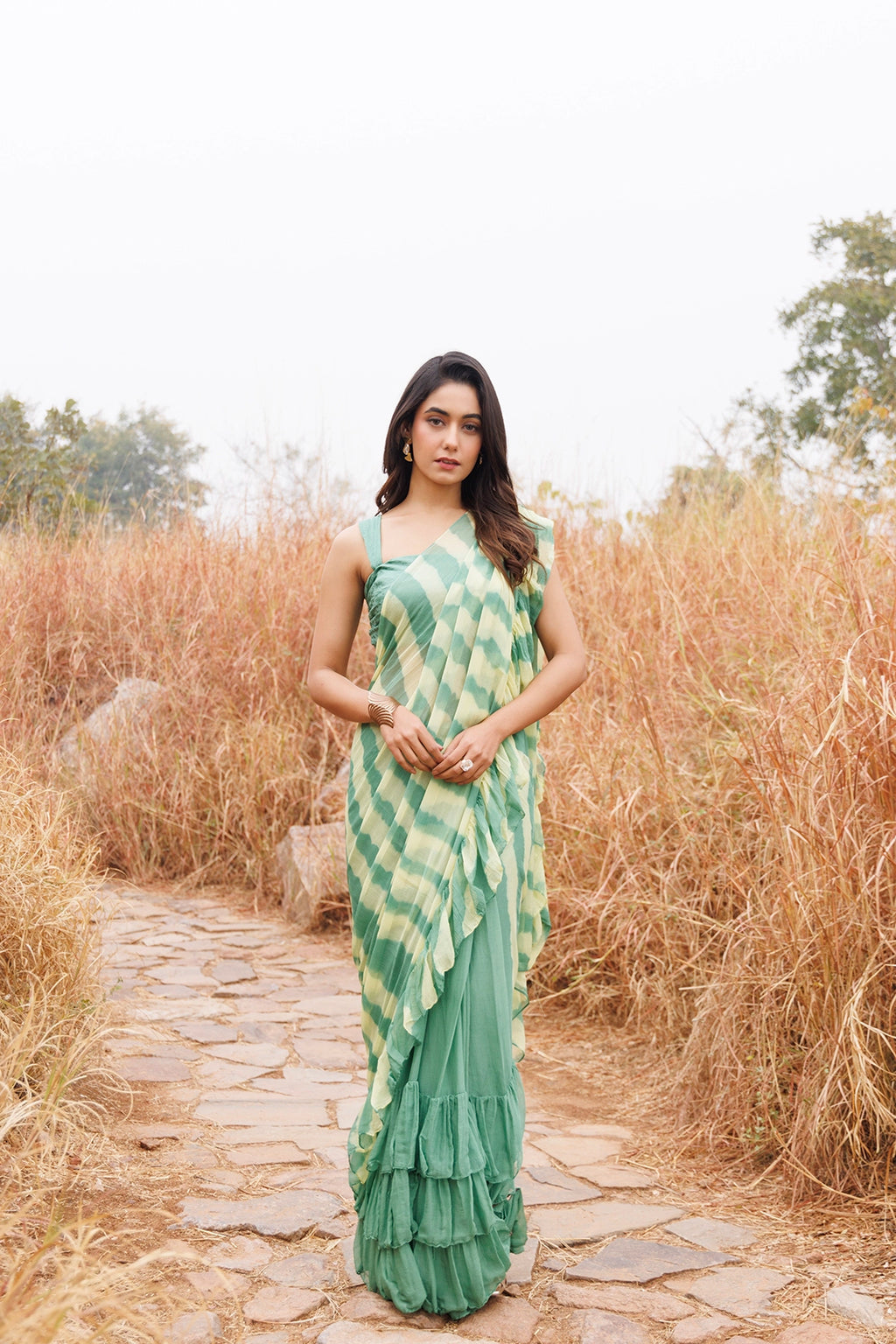 Green & Yellow Ready-to-Wear Leheriya Chiffon Saree with Ruffles