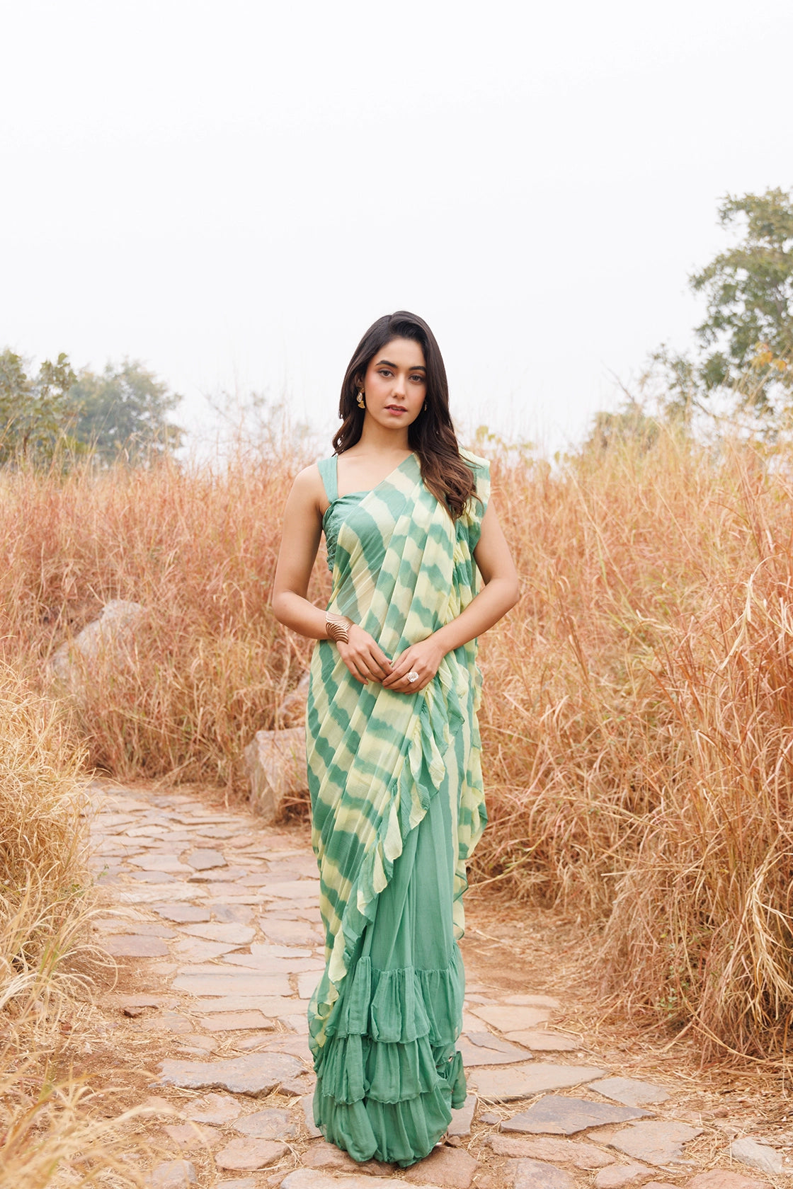 Green & Yellow Ready-to-Wear Leheriya Chiffon Saree with Ruffles