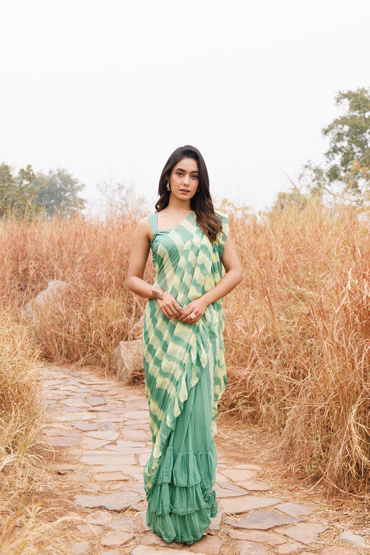 Green & Yellow Ready-to-Wear Leheriya Chiffon Saree with Ruffles