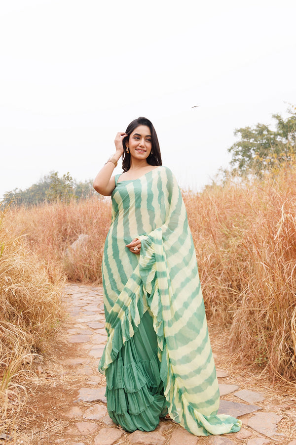 Green & Yellow Ready-to-Wear Leheriya Chiffon Saree with Ruffles