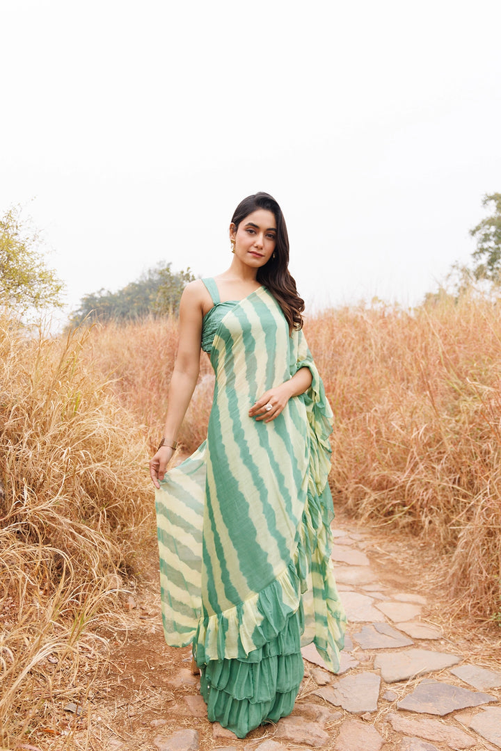Green & Yellow Ready-to-Wear Leheriya Chiffon Saree with Ruffles