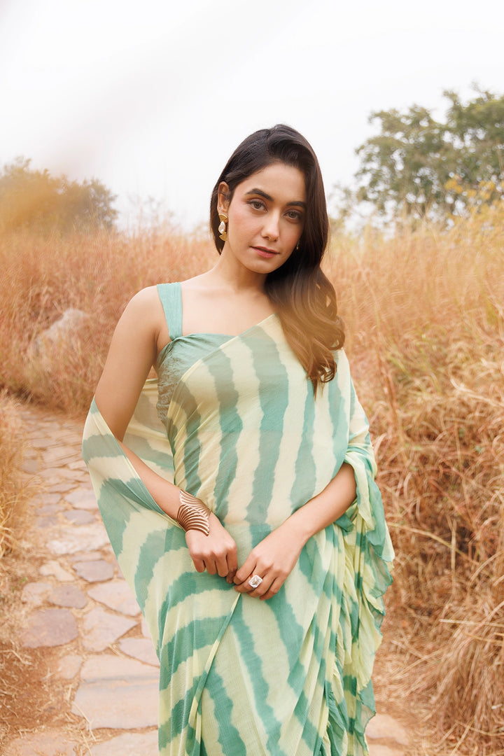 Green & Yellow Ready-to-Wear Leheriya Chiffon Saree with Ruffles