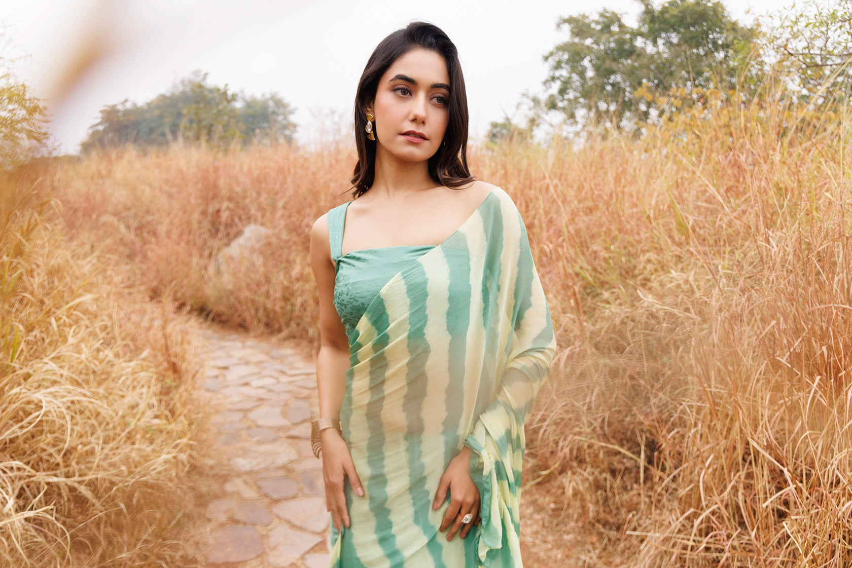 Green & Yellow Ready-to-Wear Leheriya Chiffon Saree with Ruffles