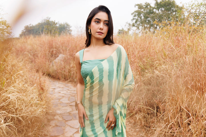 Green & Yellow Ready-to-Wear Leheriya Chiffon Saree with Ruffles