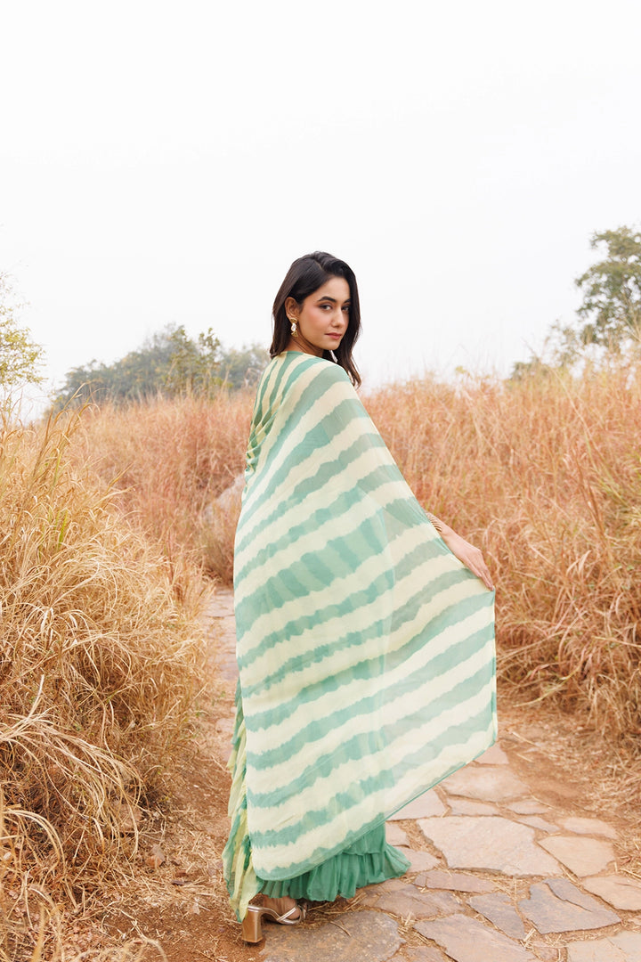 Green & Yellow Ready-to-Wear Leheriya Chiffon Saree with Ruffles
